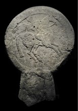 Funerary stela with a relief depicting a rider with a shield (caetra) and a spear