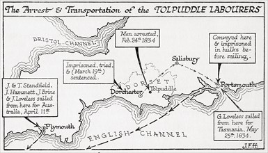 Map showing the arrest of the Tolpuddle Labourers