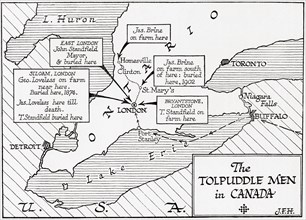 Map showing the placings in Canada of The Tolpuddle Martyrs