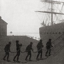 A group of chained prisoners boarding a prison ship