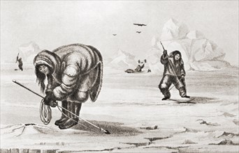 Native Eskimos fishing in the ice