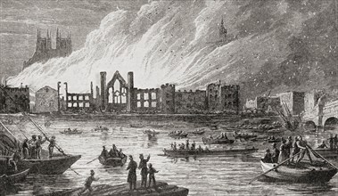 The burning of The Houses of Parliament, London, England,