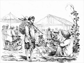 Market in a little village in conchinchina, mekong delta ( now vietnam ) james cook travels 1835