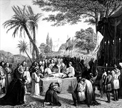 Funeral of the french crusader knight godefroy de bouillon, in jerusalem on july 23th, 1100. leader of the first crusade. first latin ruler in palestine print 1868