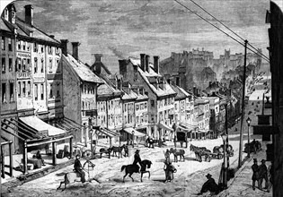 Main street,richmond, virginia, usa in 1864 ,along the james river, the city had access to hydropower to run mills and factories 1868