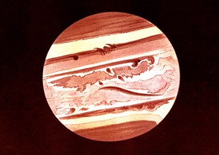Planet jupiter, illustrated by p. tacchini at palermo on january 28th 1873 book ' the sky ' by amedee guillemin, paris 1877