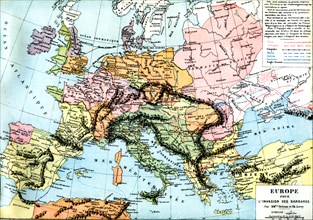 Invasion of europe by barbarians since the year 406, map from 1886 (drioux et ch. leroy publishers ) 1886