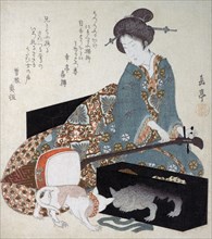 Woman Tuning a Shamisen & a cat looks at its reflection in lacquerware