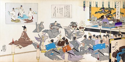Council of men before the shogun on throne