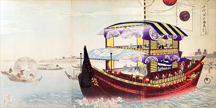 Canopied royal barge with oarsmen