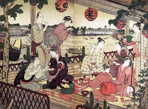 Two Young Men and Several Women Dining at a Tea-house on the Bank of the Sumida River
