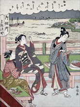A Man and Two Women at a Teahouse at Wada no Ura Overlooking the Sea