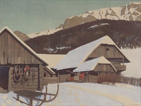 European Winter Scene with Alpine Cabin