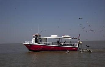 Ferries, boats and oil rigs all co-exist on Mobile Bay in Alabama