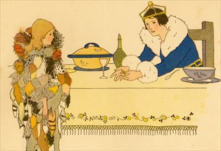 Princess at Table shows a Young Girl a Miniature Spinning wheel
