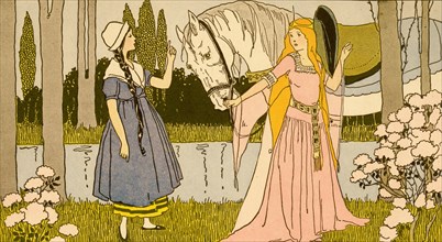 Princess holds the reins of a white horse and speaks to another young girl