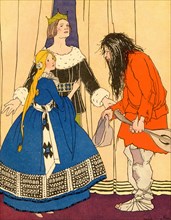 Hirsute man holds a mandolin addressing king and daughter
