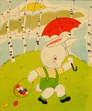 Anthropomorphic bunny with an umbrella totes Easter eggs