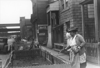 Negro woman painting the fence on her "pavement garden," Black Belt, Chicago, Illinois