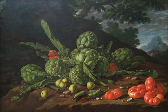 Still Life with Artichokes, Tomatoes in Landscape