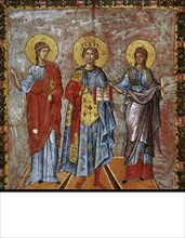 David, prophet and king. Depicted as a Byzantine emperor. Flanked by wisdom and prophecy. Miniature. 13th century