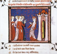Poem 'Le Roman de la Rose' depicting the Abstinence, Courtesy, Fiction and Generosity before the castle where Belacueil is locked.