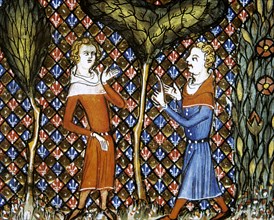 Poem 'Le Roman de la Rose' depicting Amant and Belacueil.