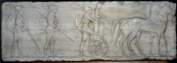 Base of funerary Kouros. Four-horse chariot and hoplites.