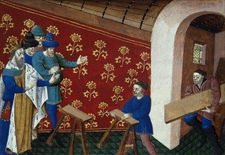 The King Arthur ordering the banquet preparation for Knights of the Round Table. Roman the Tristan. 15th century. French.