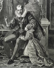 Philip II of Spain (1527-1598). House of Habsburg. King with his son. Engraving. 19th century.