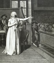 Marie Antoinette (1755-1793) before the court. Engraving.