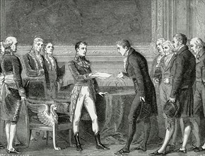 Napoleon Bonaparte (1769-1821). French Consulate. First consul delivered to the Swiss deputies the act of mediation. Engraving.