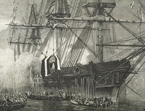 Napoleon Bonaparte (1769-1821). Shipment of remains of Napoleon on board ship. Engraving.