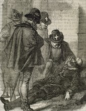 Assassination of admiral Gaspard II de Coligny (1519-1572). St. Bartholomew's Day massacre. Engraving.