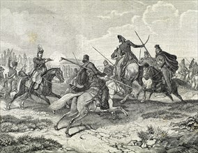 Napoleonic Wars. Struggle in Russia. Cossacks against French Army. Engraving.