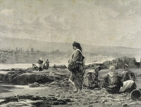 Spain. Galicia. Shellfish gathering. Engraving. La Ilustracion Espanola y Americana, 1890.