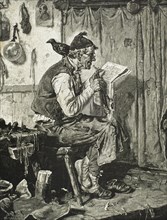 Old man reading the newspaper. Engraving. 19th century. Spain.