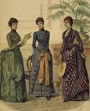 Bourgeoisie. Social gathering. Ladies. Engraving. 19th century. Colored.