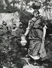 Spain. Asturias. Woman fetching water. Fount Castaneu. Engraving.