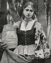 Spain. Asturias. Girl with traditional costume. Engraving.