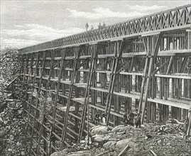 Construction of the Bridge of Dale Creek, one of the major works of the Union Pacific.