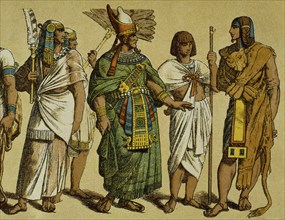 Pharaoh with public servants and the High Priest dressed with lion skin.