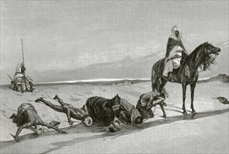 Slave caravan in the desert. Drinking water.