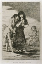Francisco Goya (1746-1828). Caprices. Plaque 7. Event thus he cannot make her out.