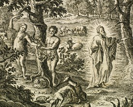 Adam and Eve disobeying God. Banishes from the Garden of Eden. Engraving.