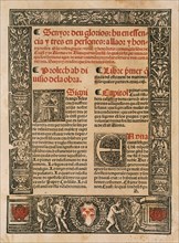 Blanquerna. Novel written around 1293 by Mallorcan writer and philosopher Ramon Llull. Front. Valencia, 1521. Spain.