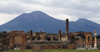 Pompeii. Ruins of forum and Vesuvian volcano.