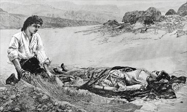 Death of Manon Lescaut. Engraving by Ch. Baude, painting original by Dagnan-Bouveret. La Ilustracion Artistica, 1884.