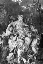 Group of cupids. Engraving by Knesing. Reproduces a painting by Hans Makart (1840-1884).