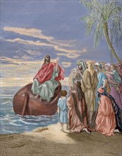 Jesus preaching in the Sea of Galilee. Engraving. Colored.